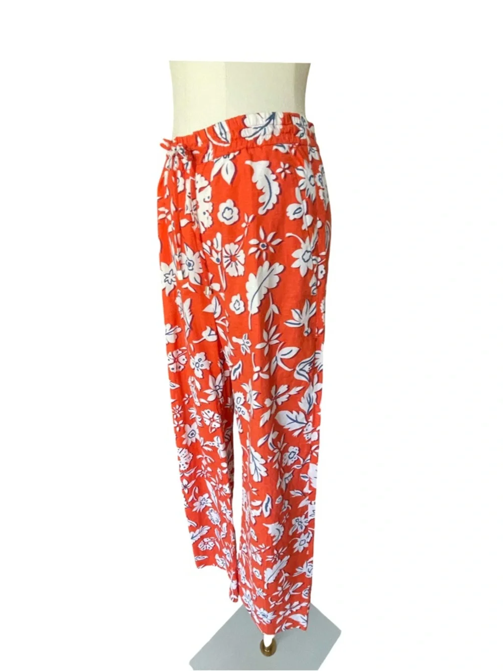 Zara Linen Blend Floral Drawstring Pants Wide Leg Orange White Size Small